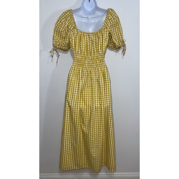 Faithfull Brand Flora Puff Sleeve Midi Yellow Mari Check Gingham Dress Women 6 - Picture 6 of 10